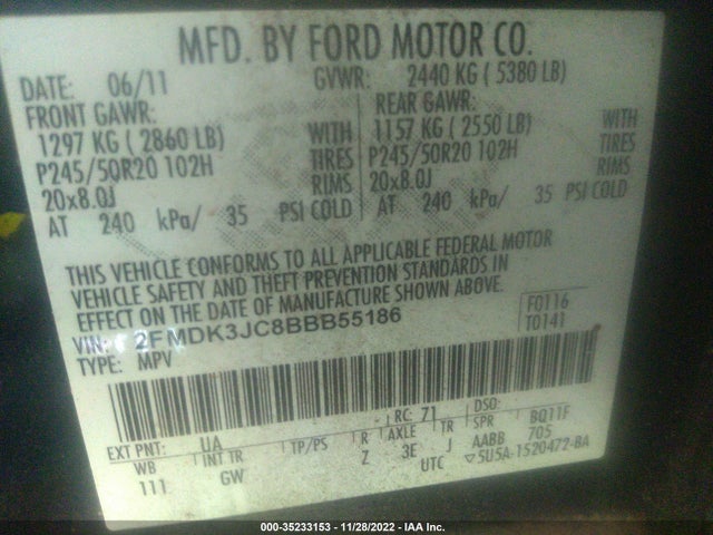 2011 FORD EDGE SEL VIN: 2FMDK3JC8BBB55186