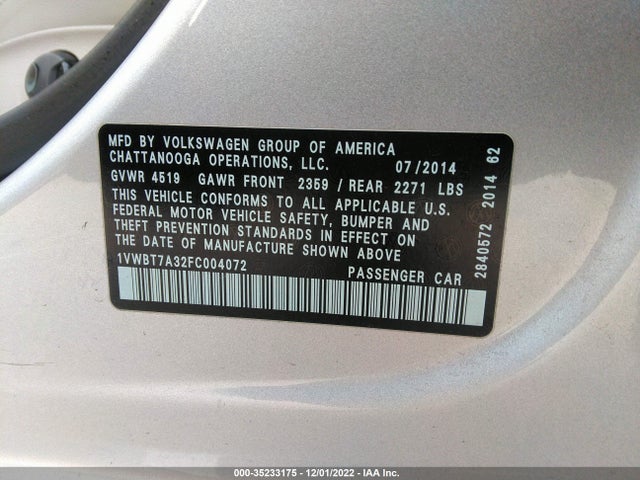 2015 VOLKSWAGEN PASSAT 1.8T SE VIN: 1VWBT7A32FC004072