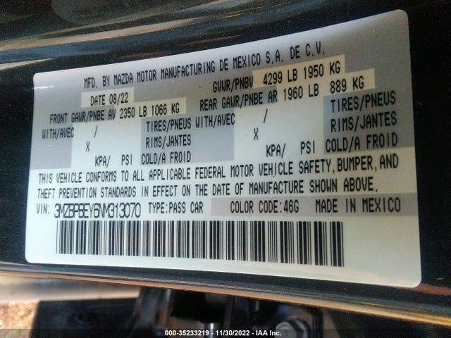 2022 Mazda 3, VIN: 3MZBPBEY6NM313070