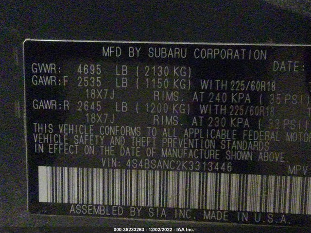 2019 Subaru Outback, VIN: 4S4BSANC2K3313446