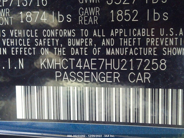 2017 HYUNDAI ACCENT SE VIN: KMHCT4AE7HU217258