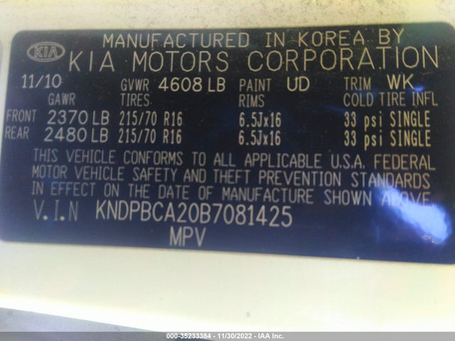 2011 KIA SPORTAGE LX VIN: KNDPBCA20B7081425