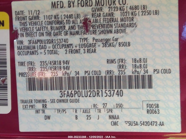 2013 FORD FUSION SE HYBRID VIN: 3FA6P0LU2DR153740