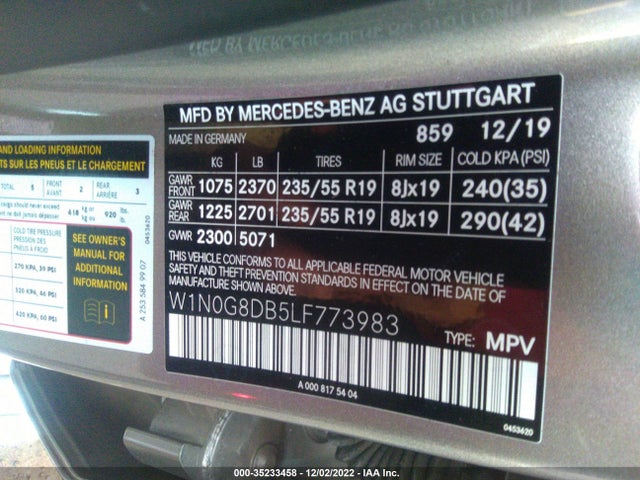 2020 Mercedes-Benz GLC-Class, VIN: W1N0G8DB5LF773983