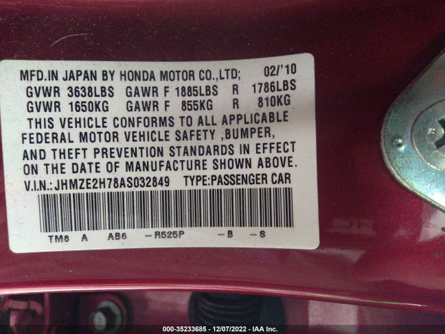 2010 HONDA INSIGHT EX VIN: JHMZE2H78AS032849