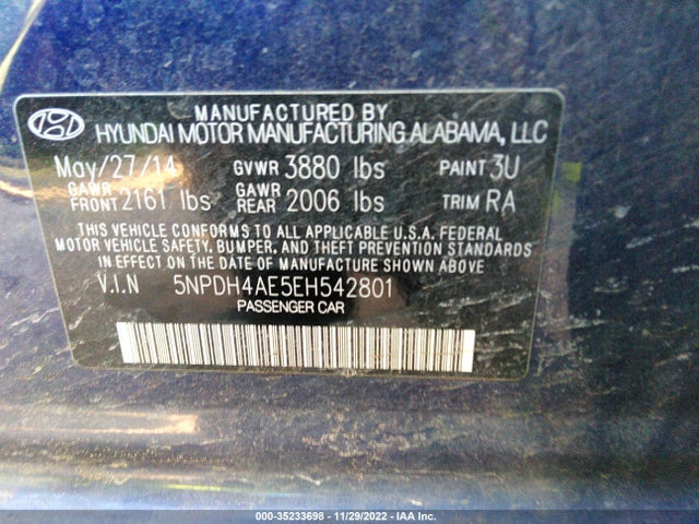 2014 HYUNDAI ELANTRA SE VIN: 5NPDH4AE5EH542801