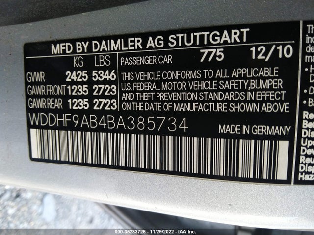 2011 MERCEDES-BENZ E-CLASS E 550 VIN: WDDHF9AB4BA385734