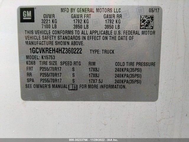 2017 CHEVROLET SILVERADO 1500 LT VIN: 1GCVKREH4HZ360222