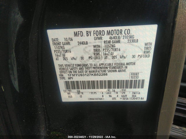 2007 FORD ESCAPE XLT VIN: 1FMYU93127KB52288