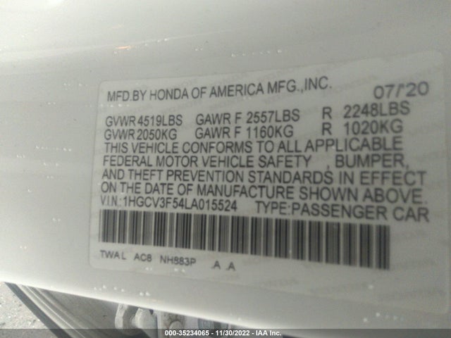 2020 Honda Accord, VIN: 1HGCV3F54LA015524