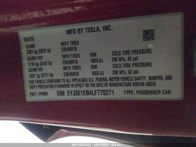 Tesla MODEL 3 2020 5YJ3E1EB4LF770271 Image 11