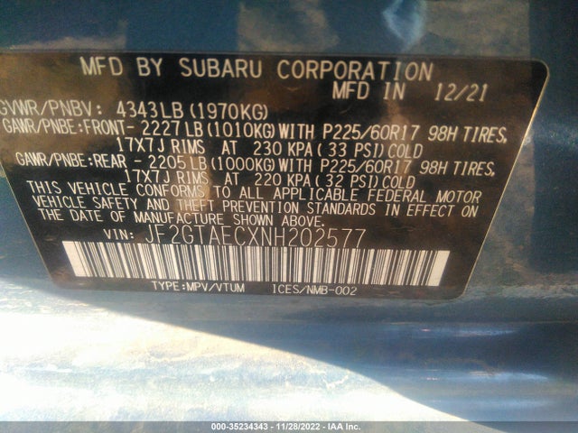 2022 SUBARU CROSSTREK PREMIUM VIN: JF2GTAECXNH202577