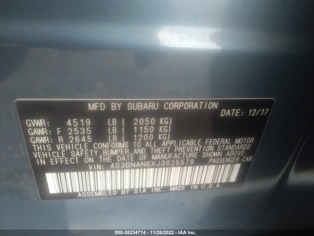 2018 SUBARU LEGACY LIMITED VIN: 4S3BNAN6XJ3025579