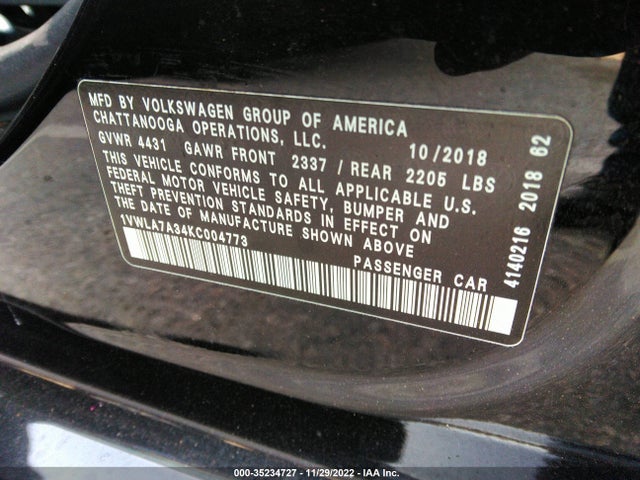1VWLA7A34KC004773 Volkswagen Passat 2.0t Wolfsburg Edition