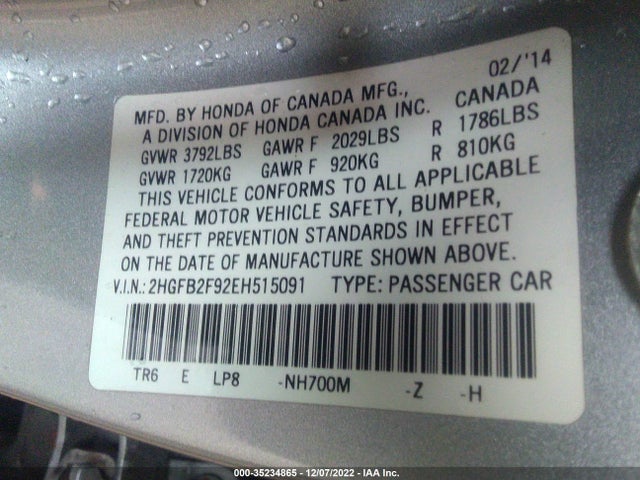 Honda CIVIC SEDAN 2014 2HGFB2F92EH515091 Image 9