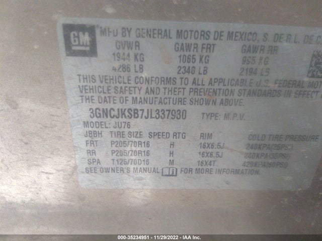 2018 Chevrolet Trax, VIN: 3GNCJKSB7JL337930