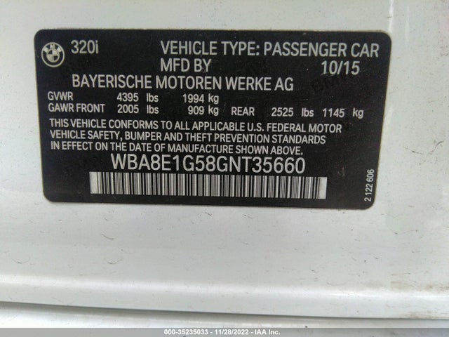 2016 BMW 3 Series, VIN: WBA8E1G58GNT35660