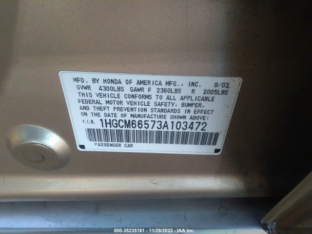 2003 HONDA ACCORD SDN EX VIN: 1HGCM66573A103472