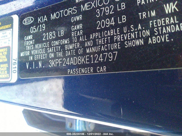 2019 KIA FORTE LXS VIN: 3KPF24AD8KE124797