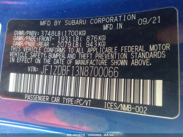 2022 Subaru BRZ, VIN: JF1ZDBF13N8700066