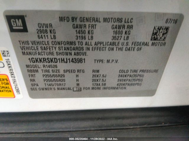 1GKKRSKD1HJ143981 GMC Acadia Limited Limited