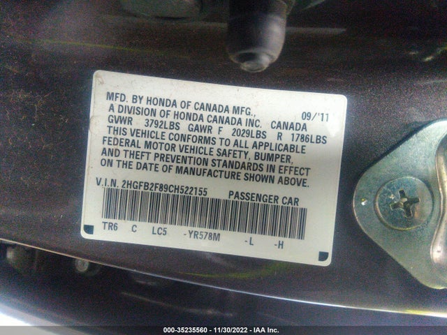 2012 HONDA CIVIC SDN EX VIN: 2HGFB2F89CH522155