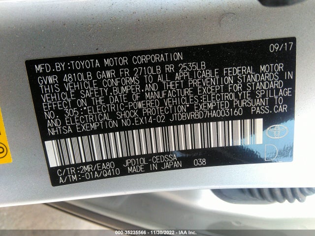 2017 Toyota Mirai, VIN: JTDBVRBD7HA003160