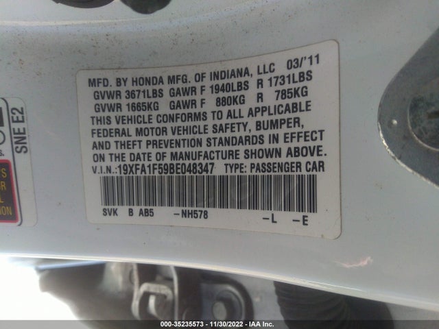 2011 HONDA CIVIC SDN LX VIN: 19XFA1F59BE048347