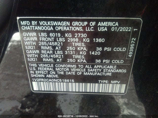 1V2FR2CA0NC518615 Volkswagen Atlas 3.6l V6 Sel Premium