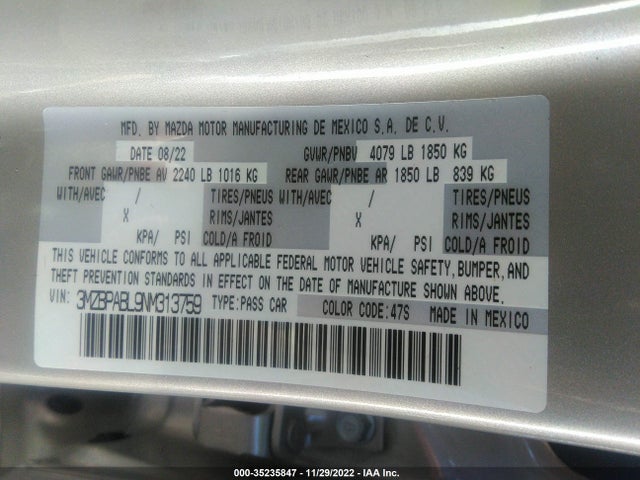2022 Mazda 3, VIN: 3MZBPABL9NM313759