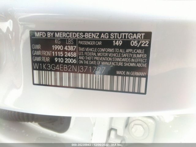W1K3G4EB2NJ371727 Mercedes-Benz A-class A 220