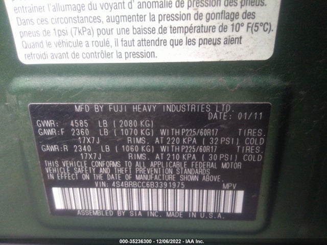 Aukcja sprzedaży 2011 Subaru Outback 2.5i Prem Awp, vin: 4S4BRBCC6B3391975, numer aukcji: 35236300