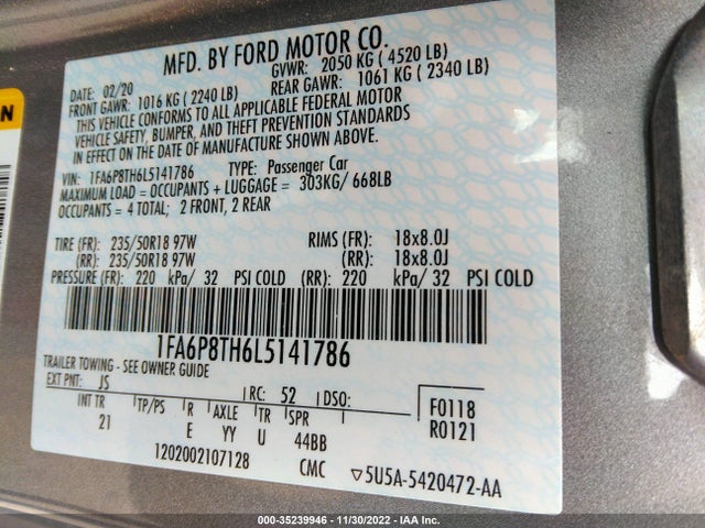 Продаж на аукціоні авто 2020 Ford Mustang Ecoboost, vin: 1FA6P8TH6L5141786, номер лоту: 35239946