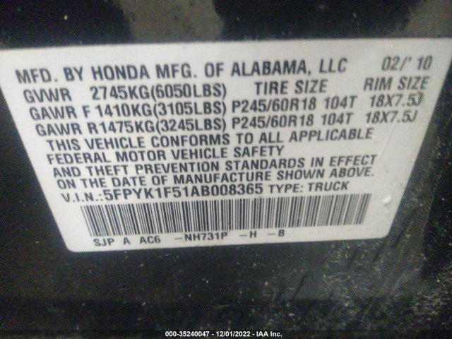 2010 HONDA RIDGELINE RTL VIN: 5FPYK1F51AB008365