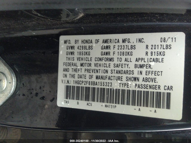 2011 HONDA ACCORD SDN SE VIN: 1HGCP2F69BA155323