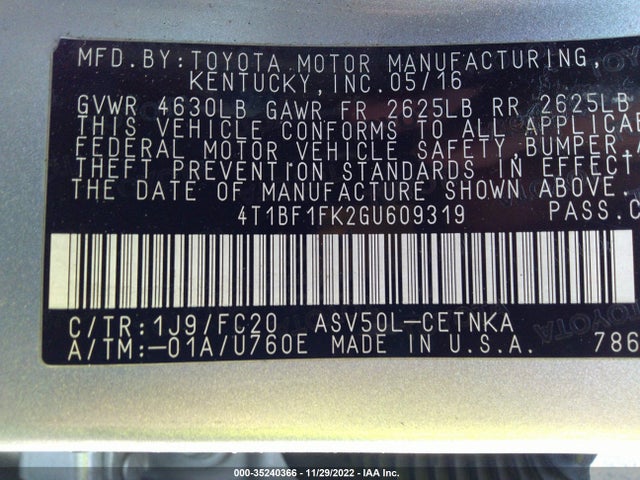 2016 TOYOTA CAMRY XLE/SE/LE/XSE VIN: 4T1BF1FK2GU609319