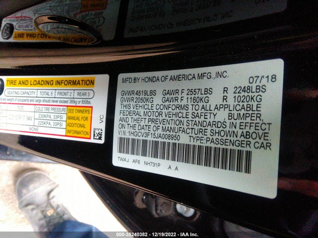 2018 Honda Accord, VIN: 1HGCV3F15JA008950