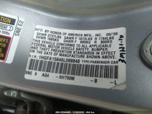 2006 HONDA CIVIC SDN EX VIN: 1HGFA15846L099846