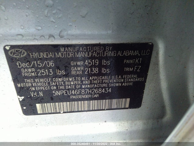 2007 HYUNDAI SONATA SE/LIMITED VIN: 5NPEU46F87H268434