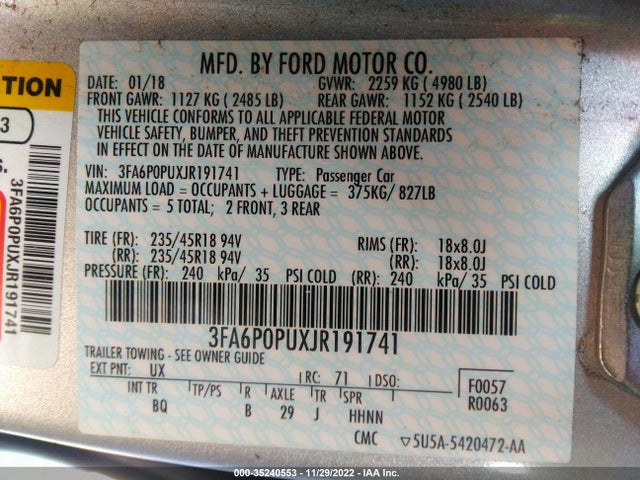 2018 Ford Fusion, VIN: 3FA6P0PUXJR191741