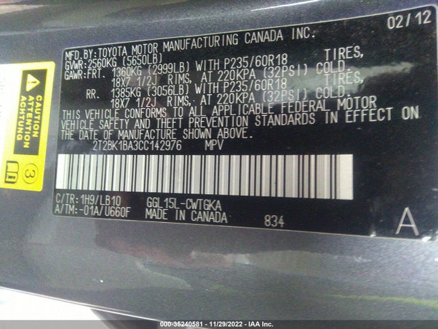 2T2BK1BA3CC142976 Lexus RX 350