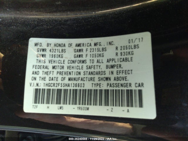 2017 HONDA ACCORD SEDAN SPORT VIN: 1HGCR2F55HA136603