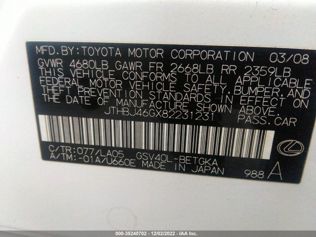 Lexus ES 350 2008 JTHBJ46GX82231231 Image 10