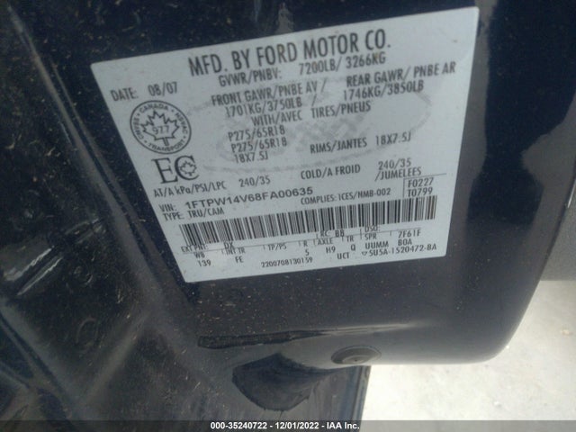 2008 FORD F-150 XLT/FX4/LARIAT VIN: 1FTPW14V68FA00635