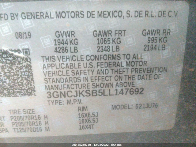 2020 CHEVROLET TRAX LS VIN: 3GNCJKSB5LL147692