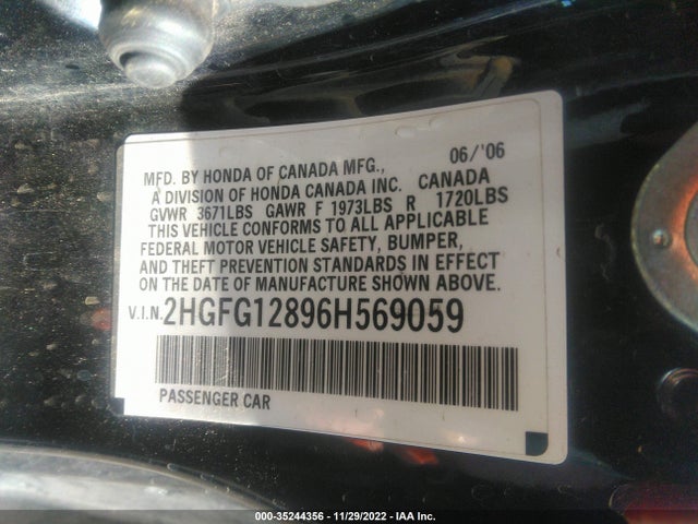 2006 HONDA CIVIC CPE EX VIN: 2HGFG12896H569059