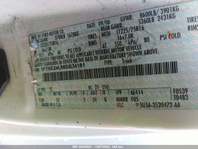 2006 FORD ECONOLINE CARGO VAN VIN: 1FTNE24L66DB34181