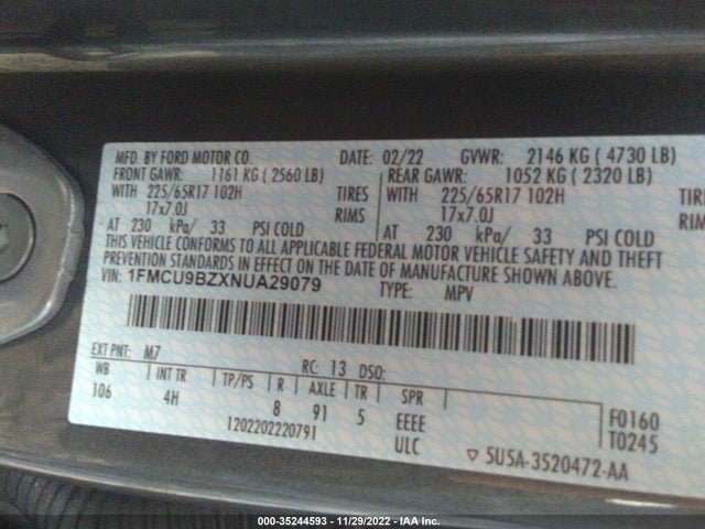 2022 Ford Escape, VIN: 1FMCU9BZXNUA29079