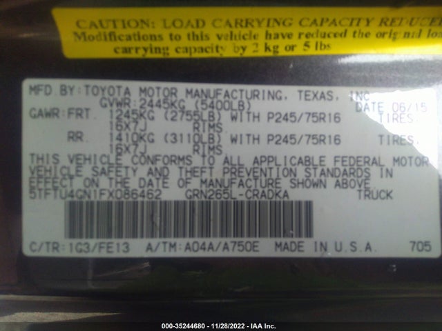 2015 Toyota Tacoma, VIN: 5TFTU4GN1FX086462