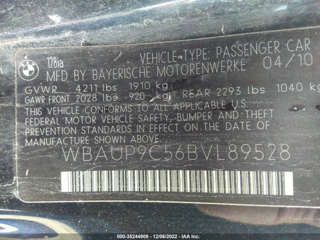 2011 BMW 1 SERIES 128I VIN: WBAUP9C56BVL89528